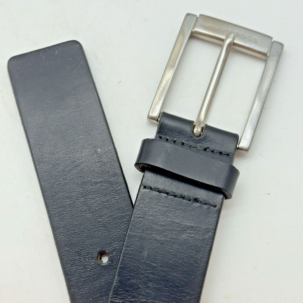 Hugo Boss Black Cow Leather Belt Men's 38 Engraved HB Silver Tone Buckle 5128 - Picture 4 of 14